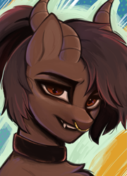 Size: 1107x1536 | Tagged: safe, artist:alunedoodle, derpibooru import, oc, oc:whiskey dreams, demon, demon pony, pony, bust, collar, fangs, horn, male, nose piercing, piercing, ponytail, portrait, septum piercing, solo