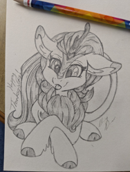 Size: 1536x2048 | Tagged: safe, artist:gleamydreams, derpibooru import, autumn blaze, kirin, pony, g4, :p, female, mare, pencil, pencil drawing, sketch, solo, tongue, tongue out, traditional art