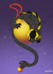 Size: 2480x3508 | Tagged: safe, artist:alrumoon_art, derpibooru import, oc, oc only, oc:jehr, lizard, original species, pony, black and yellow, black eye, black mane, christmas, christmas decoration, cunning, decoration, gift art, golden eyes, gradient background, holding, holding hands, holiday, hybrid oc, levitation, lizard pony, long neck, long pony, long tail, looking at you, magic, mohawk, multiple legs, reptile, sharp teeth, shrunken pupils, six legs, smiling, smiling at you, solo, tail, tail hand, teeth, telekinesis, yellow mane