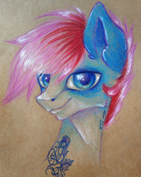 Size: 2033x2560 | Tagged: safe, artist:just_yuki, derpibooru import, oc, oc only, pony, blue eyes, bust, human lips, looking at you, male, male oc, pencil drawing, pink hair, portrait, solo, sternocleidomastoid, tattoo, traditional art