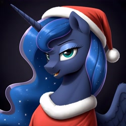 Size: 4096x4096 | Tagged: safe, ai content, derpibooru import, machine learning generated, princess luna, alicorn, pony, g4, winter wrap up, black background, blue eyes, christmas, hat, holiday, my little pony: friendship is magic, night, prompter:vesteffi, santa claus, santa hat, simple background, smiling, winter