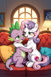 Size: 3072x4608 | Tagged: source needed, safe, ai content, derpibooru import, machine learning assisted, machine learning generated, spike, sweetie belle, dragon, pony, unicorn, g4, chart, day, eye contact, female, filly, foal, horn, hug, indoors, lamp, looking at each other, looking at someone, male, open mouth, open smile, pillow, prompter:the emissary, ship:spikebelle, shipping, sitting, smiling, smiling at each other, sofa, straight, window