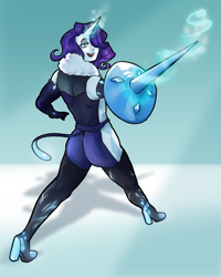 Size: 3200x4000 | Tagged: safe, artist:cheddarbreader, derpibooru import, rarity, human, bodysuit, boots, clothes, commission, female, glowing, glowing horn, hair over one eye, horn, horned humanization, humanized, magic, pony coloring, shield, shoes, solo, sword, weapon