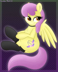 Size: 2988x3728 | Tagged: safe, artist:rainbowšpekgs, derpibooru import, parasol, pegasus, pony, g4, background pony, bedroom eyes, chest fluff, choker, clothes, cute, dressing, female, mare, sitting, socks, solo, spread wings, wings