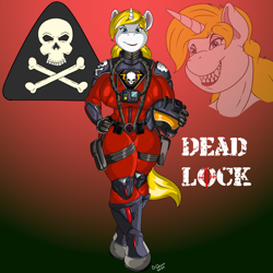 Size: 900x900 | Tagged: safe, artist:quicktron, derpibooru import, oc, oc only, oc:dead lock, anthro, unguligrade anthro, unicorn, action force, anthro oc, clothes, female, flight suit, g.i. joe, hand on hip, helmet, horn, red shadows, roboskull pilot, sharp teeth, signature, smiling, solo, teeth