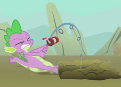 Size: 1000x720 | Tagged: safe, derpibooru import, edit, edited screencap, screencap, spike, dragon, a dog and pony show, g4, dragging, eyes closed, fishing rod, gritted teeth, male, my little pony: friendship is magic, pulling, solo, solo male, teeth, tug of war