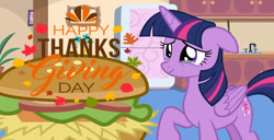 Size: 828x423 | Tagged: safe, derpibooru import, editor:hyenari6296, twilight sparkle, twilight sparkle (alicorn), alicorn, pony, g4, burger, crying, cute, ears, female, floppy ears, folded wings, food, hay burger, holiday, kitchen, kitchen sink, mare, raised hoof, raised leg, refrigerator, solo, tears of joy, thanksgiving, that pony sure does love burgers, touched, twiabetes, twilight burgkle, wings