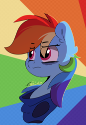 Size: 900x1300 | Tagged: safe, artist:fakkajohan, derpibooru import, rainbow dash, pegasus, pony, g4, bags under eyes, bust, clothes, female, pensive, signature, solo, tired, uniform, wonderbolts uniform