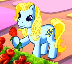 Size: 427x379 | Tagged: safe, derpibooru import, screencap, moondancer (g3), earth pony, pony, g3, the princess promenade, blue pony, cropped, female, flower, hoof hold, mare, rose, solo, yellow mane