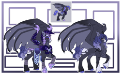 Size: 1280x783 | Tagged: safe, artist:malinraf1615, derpibooru import, oc, oc only, oc:rainstorm, bat pony, pony, abstract background, armor, bat pony oc, blaze (coat marking), chest fluff, chestplate, coat markings, colored hooves, colored pinnae, ear tufts, facial markings, fangs, golden eyes, helmet, hoof shoes, hooves, leg wraps, lidded eyes, male, night guard armor, pale belly, purple hair, raised hoof, raised leg, scar, slit eyes, socks (coat marking), solo, sparkly ears, sparkly legs, spread wings, stallion, torn wings, unshorn fetlocks, wing armor, wings