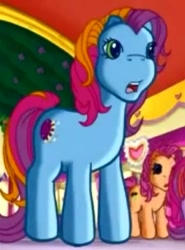 Size: 343x464 | Tagged: safe, derpibooru import, screencap, pony, g3, blue pony, cropped, duo, green eyes, mish mash mee, multicolored mane, multicolored tail, pinky pie and the ladybug jamboree, shocked, solo focus, tail