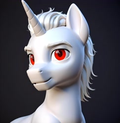 Size: 3976x4096 | Tagged: safe, ai content, derpibooru import, oc, oc:doctor hider, pony, unicorn, comic:diagnosis : surprise, 3d, bust, comic, doctor hider, high res, horn, red eyes, solo, white coat, white hair, white mane