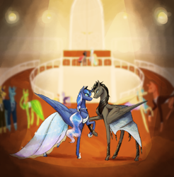 Size: 1620x1646 | Tagged: safe, artist:starshine74, derpibooru import, king sombra, princess luna, oc, alicorn, pony, g4, alicorn oc, canon x oc, duo focus, horn, indoors, large wings, long legs, parent:king sombra, slender, tall, thin, thin legs, wings