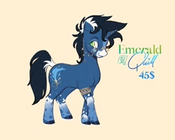 Size: 1440x1158 | Tagged: safe, artist:nightprince-art, derpibooru import, oc, oc only, oc:emerald quill, pony, twinkle eyed pony, unicorn, coat markings, facial markings, glasses, glasses chain, horn, leg band, male, mealy mouth (coat marking), simple background, socks (coat marking), solo, stallion, yellow background