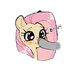 Size: 2124x2048 | Tagged: safe, artist:azaani, derpibooru import, fluttershy, pegasus, pony, g4, blush scribble, blushing, boop, bust, cute, disembodied hoof, female, high res, mare, shyabetes, simple background, solo focus, white background