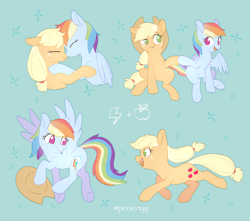 Size: 1700x1500 | Tagged: safe, artist:sion, derpibooru import, applejack, rainbow dash, earth pony, pegasus, pony, g4, accessory theft, appledash, boop, chase, duo, duo female, ears, eyes closed, female, floppy ears, green background, hoofbump, lesbian, mare, no pupils, noseboop, shipping, simple background, sparkles