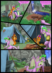 Size: 1447x2047 | Tagged: safe, artist:mik3thestrange, derpibooru import, gabby, smolder, spike, dragon, griffon, comic:campers delight, g4, butt, camping, comic, dragoness, female, female focus, forest, gabbooty, male, nature, older, older spike, outdoors, ship:spabby, shipping, solo focus, straight, tent, tree, trio, water, waterfall, winged spike, wings