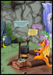 Size: 1447x2047 | Tagged: safe, artist:mik3thestrange, derpibooru import, gabby, smolder, spike, dragon, griffon, comic:campers delight, g4, bait and switch, campfire, camping, cooking pot, dialogue, dragoness, eating, female, fire, food, male, meat, older, older spike, outdoors, ship:spabby, ship:spolder, shipping, speech bubble, straight, subversion, trio, water, waterfall, winged spike, wings