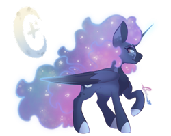 Size: 2243x1783 | Tagged: safe, artist:trashpanda czar, derpibooru import, princess luna, alicorn, g4, chest fluff, coat markings, colored sclera, concave belly, cutie mark, ear fluff, ears, ethereal mane, eyebrows, eyelashes, female, flowing mane, folded wings, glowing, glowing eyes, glowing horn, horn, mare, mlp fim's fourteenth anniversary, moon, raised hoof, raised leg, signature, simple background, starry mane, stars, transparent background, wings