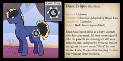 Size: 1250x625 | Tagged: safe, artist:overlordneon, derpibooru import, oc, oc only, oc:dusk eclipse, pony, unicorn, adopted offspring, bio, horn, male, parent:sunset shimmer, parent:twilight sparkle, parents:sunsetsparkle, solo, stallion, text