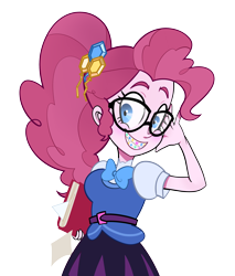 Size: 2398x2815 | Tagged: safe, artist:aysjee, derpibooru import, pinkie pie, equestria girls, g4, alternate hairstyle, blouse, braces, clothes, female, glasses, grin, ponytail, simple background, skirt, smiling, solo, transparent background