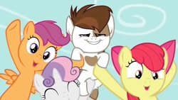 Size: 1272x716 | Tagged: safe, derpibooru import, screencap, apple bloom, pipsqueak, scootaloo, sweetie belle, earth pony, pegasus, pony, unicorn, crusaders of the lost mark, g4, colt, cutie mark crusaders, faic, female, filly, foal, group, horn, male, out of context, outdoors, quartet