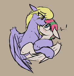 Size: 808x826 | Tagged: safe, artist:candel, derpibooru import, blossomforth, cloud kicker, pegasus, pony, fanfic:the life and times of a winning pony, g4, blushing, eye contact, female, hug, looking at each other, looking at someone, mare, rare mare, shipping, simple background, unshorn fetlocks, wings, winningverse