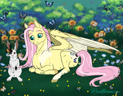 Size: 1462x1149 | Tagged: safe, artist:rossthren, derpibooru import, angel bunny, fluttershy, butterfly, pegasus, pony, rabbit, g4, alternate cutie mark, alternate design, animal, duo, duo male and female, female, flower, grass, lying down, male, mare, outdoors, partially open wings, prone, signature, smiling, wings