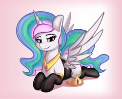 Size: 2820x2288 | Tagged: safe, artist:andelai, derpibooru import, princess celestia, alicorn, pony, black socks, clothes, crown, female, gradient background, high res, jewelry, looking at you, lying down, mare, prone, regalia, smiling, smiling at you, socks, solo, spread wings, wings