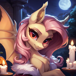 Size: 1024x1024 | Tagged: safe, ai content, derpibooru import, generator:pony diffusion v6 xl, generator:stable diffusion, machine learning generated, fluttershy, bat pony, pegasus, pony, g4, bat ponified, candle, flutterbat, halloween, holiday, nightmare night, outdoors, prompter:teonanakatle, pumpkin, race swap, solo