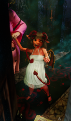 Size: 2332x3979 | Tagged: safe, artist:hevexy, derpibooru import, oc, oc only, oc:akiko, oc:manami, anthro, demon, plantigrade anthro, succubus, 3d, anthro oc, blender, child, clothes, cute, dress, duo, duo female, elf ears, fangs, female, freckles, grin, hell, holding, holding hands, horns, indoors, looking at you, mother and child, mother and daughter, night, open mouth, parent and child, pointing, smiling, tongue, tongue out, wings