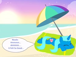 Size: 3202x2392 | Tagged: safe, artist:memeartboi, derpibooru import, pony, unicorn, g4, beach, beach towel, beach umbrella, beautiful, cute, eyes closed, female, heart, horn, lying down, mare, nicole watterson, outdoors, ponified, relaxed, relaxing, relieved, sand, solo, species swap, speech bubble, sun, sunbathing, sunset, text, the amazing world of gumball, unicorn horn