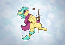 Size: 2392x1652 | Tagged: safe, artist:helmie-art, derpibooru import, oc, oc only, oc:karoline skies, earth pony, pony, abstract background, chest fluff, clothes, female, freckles, heart, mare, smiling, solo, sword, weapon