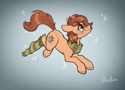 Size: 1801x1306 | Tagged: safe, artist:helmie-art, derpibooru import, oc, oc only, oc:rusty gears, earth pony, pony, clothes, female, freckles, mare, scarf, smiling, socks, solo, striped scarf, striped socks