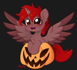 Size: 1585x1446 | Tagged: safe, artist:urichan, derpibooru import, oc, oc:hardy, alicorn, pony, blushing, chest fluff, halloween, happy, heart, heart eyes, holiday, male, open mouth, pumpkin, solo, spread wings, stallion, wingding eyes, wings