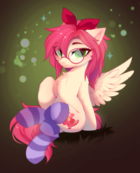 Size: 3301x4059 | Tagged: safe, artist:empress-twilight, derpibooru import, oc, oc only, oc:strawberry splash, pegasus, pony, belly, belly button, blushing, bow, cheek fluff, chest fluff, clothes, commission, crossed hooves, crossed legs, ear fluff, ears, eye clipping through hair, eyebrows, eyebrows visible through hair, female, glasses, hair bow, looking at you, mare, pegasus oc, sitting, smiling, smiling at you, socks, solo, sparkles, striped socks, tail, wings, ych result