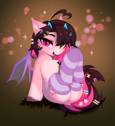 Size: 3556x3901 | Tagged: safe, artist:empress-twilight, derpibooru import, oc, oc only, oc:key mash, bat pony, pony, bat pony oc, bat wings, butt, cheek fluff, chest fluff, clothes, commission, dock, ear fluff, ear tufts, ears, eye clipping through hair, eyebrows, eyebrows visible through hair, fangs, female, heterochromia, hooves together, legs in air, looking at you, mare, open mouth, open smile, plot, slit eyes, smiling, smiling at you, socks, solo, sparkles, spread wings, striped socks, tail, wings, ych result