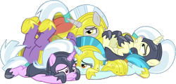 Size: 944x453 | Tagged: safe, derpibooru import, edit, edited screencap, editor:pascalmulokozi2, screencap, earth pony, pegasus, pony, unicorn, g4, season 9, the ending of the end, armor, armored pony, dazed, defeat, defeated, female, guard, guardian angel (g4), horn, male, mare, royal guard, simple background, stallion, transparent background