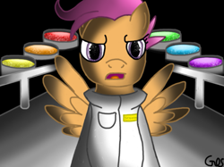 Size: 963x721 | Tagged: safe, artist:mudkip91/tetrahedron, derpibooru import, scootaloo, pegasus, pony, semi-anthro, fanfic:rainbow factory, g4, bipedal, catwalk, clothes, colored lineart, crossover, dayshift at freddy's, dayshift at freddy's 3, description is relevant, fanfic art, lab coat, lighting, liquid, liquid rainbow, looking at you, name tag, offscreen character, older, older scootaloo, serious, shading, spectra, spread wings, standing, story included, vats, vulgar description, wings