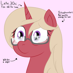 Size: 2000x2000 | Tagged: safe, artist:mariculture, derpibooru import, oc, oc only, oc:happy heartsong, pony, unicorn, bust, female, glasses, horn, mare, pink background, simple background, solo, text, unicorn oc