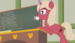 Size: 3500x2000 | Tagged: safe, artist:mariculture, derpibooru import, oc, oc only, oc:happy heartsong, pony, unicorn, chalk, chalkboard, classroom, cup, desk, drink, drinking, female, glasses, horn, indoors, magic, mare, school, solo, teacup, telekinesis, unicorn oc