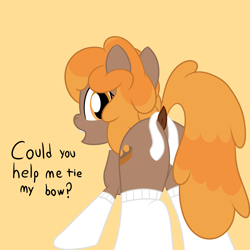 Size: 2000x2000 | Tagged: safe, artist:mariculture, derpibooru import, oc, oc only, oc:toffee truffle, earth pony, pony, butt, choker, clothes, dialogue, dock, female, looking at you, looking back, looking back at you, mare, open mouth, orange background, plot, raised tail, simple background, socks, solo, tail