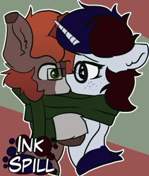 Size: 780x923 | Tagged: safe, artist:kranonetwork, derpibooru import, oc, oc only, oc:arden stream, oc:ink spill, kirin, pony, unicorn, abstract background, clothes, glasses, horn, kissing, scarf, shared clothing, shared scarf