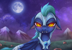 Size: 2000x1402 | Tagged: safe, artist:lina, derpibooru import, oc, oc only, bat pony, bat pony oc, bat wings, detailed background, ears, evil smile, floppy ears, halloween, holiday, looking at you, moon, mountain, night, outdoors, pumpkin, smiling, smiling at you, solo, tree, wings