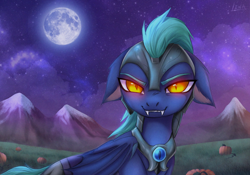 Size: 2000x1402 | Tagged: safe, alternate version, artist:lina, derpibooru import, oc, oc only, bat pony, bat pony oc, bat wings, detailed background, ears, evil smile, floppy ears, halloween, holiday, looking at you, moon, mountain, night, outdoors, pumpkin, smiling, smiling at you, solo, tree, wings