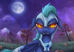 Size: 2000x1402 | Tagged: safe, alternate version, artist:lina, derpibooru import, oc, oc only, bat pony, bat pony oc, bat wings, detailed background, ears, evil smile, floppy ears, halloween, holiday, looking at you, moon, mountain, night, outdoors, pumpkin, smiling, smiling at you, solo, tree, wings