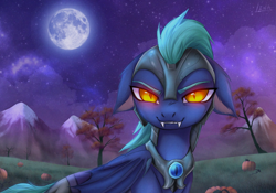 Size: 2000x1402 | Tagged: safe, alternate version, artist:lina, derpibooru import, oc, oc only, bat pony, bat pony oc, bat wings, detailed background, ears, evil smile, floppy ears, halloween, holiday, looking at you, moon, mountain, night, outdoors, pumpkin, smiling, smiling at you, solo, tree, wings