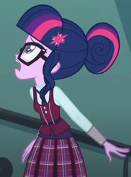 Size: 813x1099 | Tagged: safe, derpibooru import, screencap, sci-twi, twilight sparkle, human, equestria girls, friendship games, g4, clothes, cropped, crystal prep academy, crystal prep academy uniform, indoors, necktie, school, school tie, school uniform, schoolgirl, singing, solo, song, staircase, stairs, uniform, walking, what more is out there