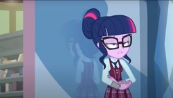 Size: 2155x1216 | Tagged: safe, derpibooru import, screencap, sci-twi, twilight sparkle, human, equestria girls, friendship games, g4, book, clothes, crystal prep academy, crystal prep academy uniform, hallway, indoors, lidded eyes, necktie, reflection, school, school tie, school uniform, schoolgirl, shelves, singing, solo, uniform, what more is out there