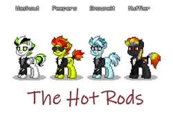 Size: 893x600 | Tagged: safe, artist:veprem, derpibooru import, oc, oc:muffler, oc:peepers, oc:snowmelt, oc:washout, earth pony, pegasus, fallout equestria, ashes town, clothes, female, gangster, jacket, male, mare, multiple characters, pixel art, scar, sprite, stallion, sunglasses, torn clothes